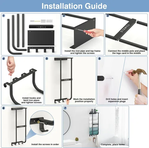 Vista 4 de Toallero para baño, toallero de pared de metal negro con estante y 4 ganchos, organizador de almacenamiento de toallas de baño