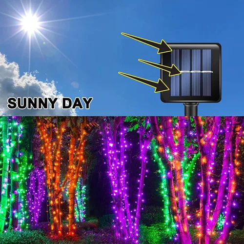 Vista 5 de Luces Solares de Halloween Moradas y Naranjas para Exteriores, Total 80 Pies 240 LED Solares Impermeables Luces de Hadas 8 Modos Luces de Alambre