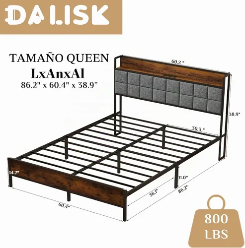 Vista 2 de Base de cama tamaño Queen con cabecera y toma de corriente tapizada para respaldo, no requiere somier, fácil de montar, sin ruido