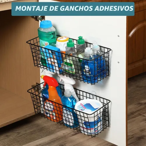 Vista 9 de 4 Juego [EXTRA GRANDE] Cestas de Almacenamiento Colgantes de Montaje en Pared con Ganchos Adhesivos y Ganchos de Acero, Cestas Organizadoras