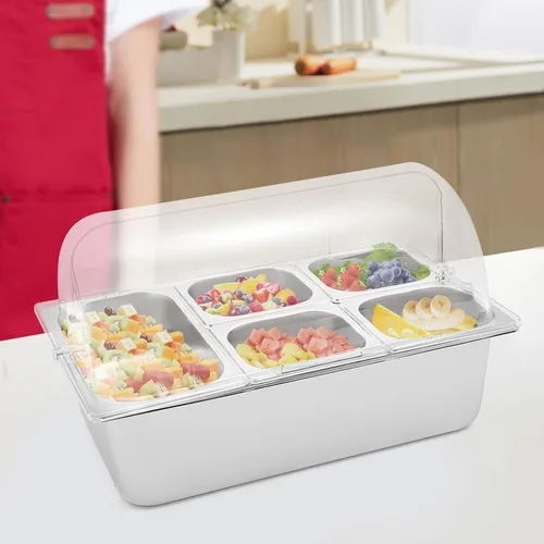 Vista 12 de Recipiente de acero inoxidable para servir alimentos de 4 bandejas con tapa, servidor de condimentos con cucharas, abrazaderas, bolsas de agua