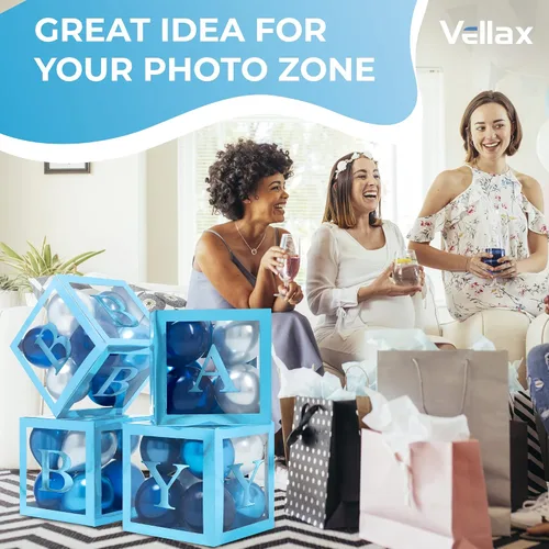 Vista 7 de Cajas de baby shower con letras - Cajas azules metálicas con globos metálicos azules y plateados - Juego de 44 piezas para revelación de género