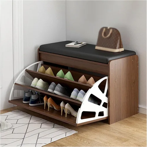 Vista 2 de IPSU Zapatero de entrada con asiento, banco de zapatos de 3 niveles con cajón abatible para niños y adultos, moderno zapatero independiente