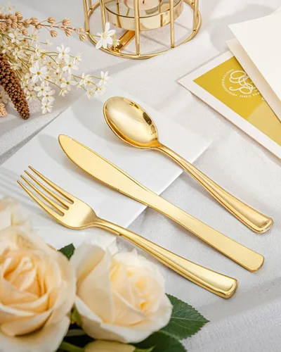 Vista 4 de bUCLA 600 cubiertos de plástico dorado – Utensilios dorados desechables – Juego de cubiertos de plástico resistente – 200 tenedores, 200 cucharas