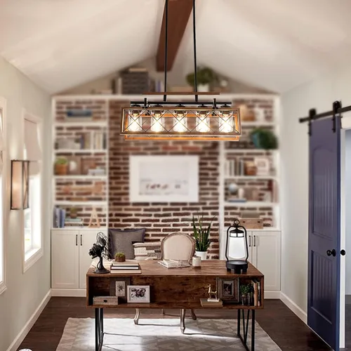 Vista 3 de MELLCOM Iluminación de madera para isla de cocina, lámpara de comedor de granja de 5 luces con pantallas de vidrio y varillas ajustables, candelabro