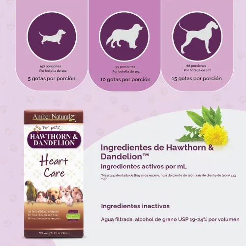 Vista 4 de Amber NaturalZ - Espino y diente de león - Cuidado del corazón - para Petz - 1 onza Maintains optimal cardiovascular wellness in pets. Supports