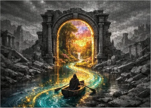 Vista 13 de Rompecabezas de isla flotante de bosque de fantasía de 1000 piezas para adultos, rompecabezas mágico de cascada de arco iris, rompecabezas de arte