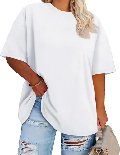 Vista 13 de Blusas de Talla Grande Casuales Camisetas Oversized para Mujeres Ajuste Holgado Cuello Redondo Blusas Camisetas Básicas de Verano Tees