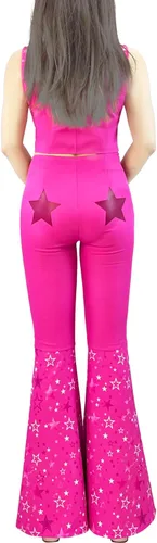 Vista 5 de Naywig Traje de vaquera de los años 70 y 80 hippie disco disfraz rosa acampanado pantalón Halloween cosplay para mujeres y niñas