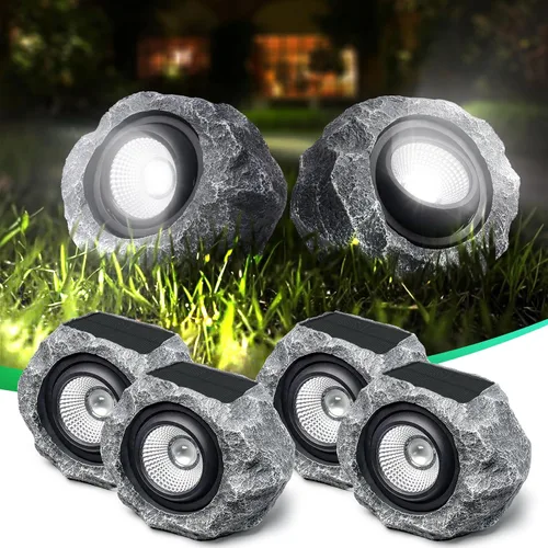 Vista 7 de Luces solares de roca para exteriores, foco de paisaje de roca sintética gris para patio Solar Landscape Lighting, Realistic Gray Rock Design