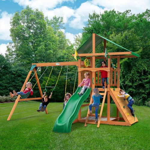 Vista 2 de Gorilla Playsets 01-1076 Avalon - Juego de columpios de madera con techo de vinilo verde de gran tamaño, pared de escalada, escalera, columpios