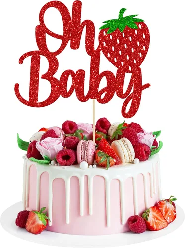 Vista 12 de 1 paquete de decoración de pastel de fresa con purpurina para temática de frutas, baby shower, fiesta de cumpleaños de niños, suministros