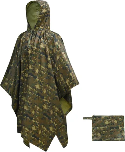 Vista 9 de LOOGU Poncho de lluvia impermeable con capucha, abrigo de lluvia multiusos de camuflaje para caza, camping, senderismo