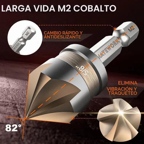Vista 3 de Juego de brocas avellanadas M2 cobalto HSS, 6 piezas de vástago hexagonal de cambio rápido de 1/4 pulgadas para metal, madera, acero inoxidable