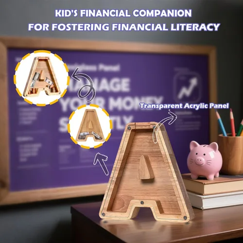 Vista 6 de Alcancía de Madera Personalizada con Letras del Alfabeto, Banco de Monedas con Letras del Alfabeto para Niños, Niñas y Bebés, Tamaño Grande, 26