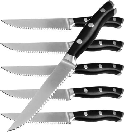 Vista 13 de Alata Juego de cuchillos para carne de 8 piezas, 4.7 pulgadas con borde dentado, cuchillos afilados para cena, construcción de espiga completa Negro