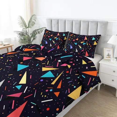 Vista 2 de Duvet Cover Minimalist Geometric Ribbons Triangles Pattern, Soft Breathable Anti-Pilling Black Print Comforter Cover 68" x 86", Twin Size Bedding