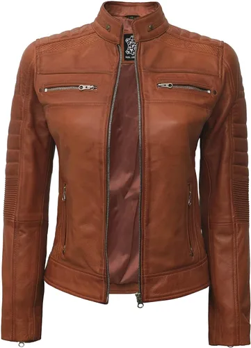 Vista 2 de Chaqueta de cuero para mujer Cafe Racer - Chaquetas de motocicleta de piel de cordero real