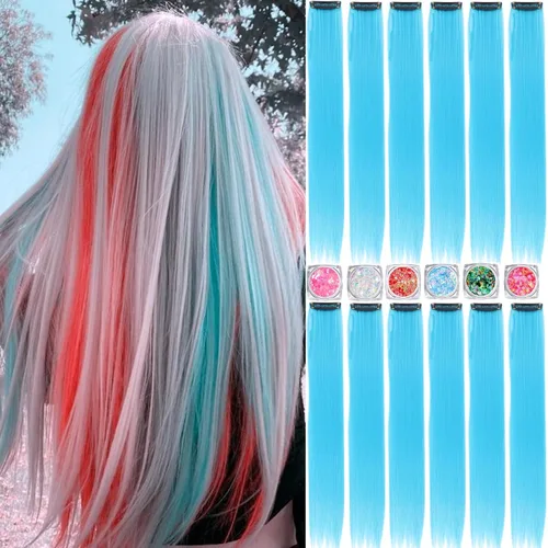 Vista 16 de Extensiones de cabello de colores, extensión de cabello liso con clip de 22 pulgadas, extensiones de cabello con brillantina multicolor arcoíris