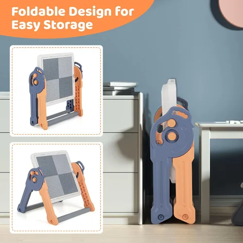 Vista 7 de Costzon Juego de mesa y silla 6 en 1 para niños, caballete de arte plegable con marcadores, borrador, 102 ladrillos compatibles, mesa de bloques