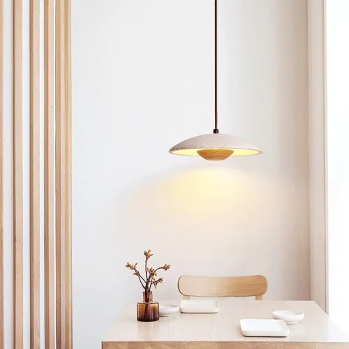 Vista 3 de Lámpara colgante de isla de cocina, lámpara de travertino amarillo nórdico con detalles de madera, lámpara colgante de atenuación de tres