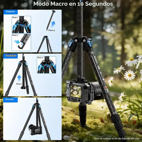 Vista 5 de SIRUI AM-124 Trípode de fibra de carbono con columna central triangular, trípode de viaje compacto de 62.6 pulgadas para cámara, 4 secciones