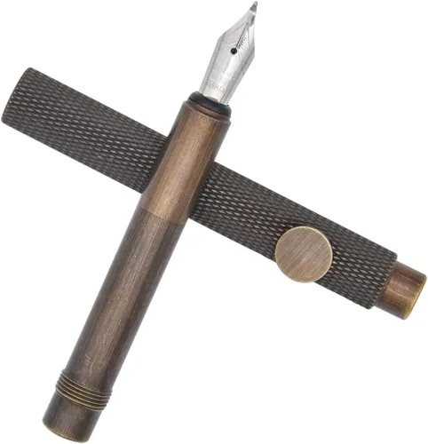 Vista 2 de Bolígrafo de caligrafía de rayas de latón (3.346 in) de bolsillo corto de párrafo mini bolígrafo de viaje con 20 cartuchos de tinta negra Pluma