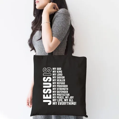 Vista 4 de Bolsa de lona cristiana con texto en inglés «Jesus is My Everything» para mujer, divertida bolsa de compras reutilizable con versículo bíblico