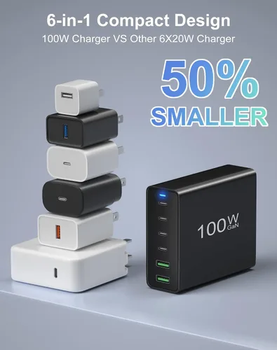 Vista 2 de Cargador USB C 100W GaN 6 puertos USB C tipo estación de carga, bloque de concentrador, cargador de pared USB C, adaptador de corriente con 4 USB