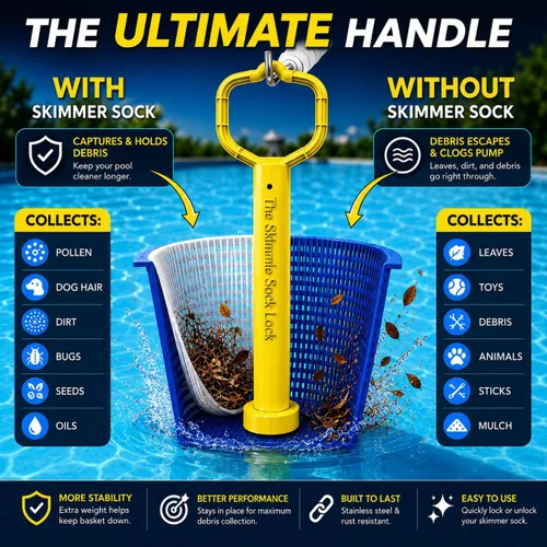 Vista 6 de Skimmie Sock Lock - Máxima comodidad de limpieza de piscinas: mango extraíble para calcetines Skimmer mantiene los desechos dentro, incluso cuando