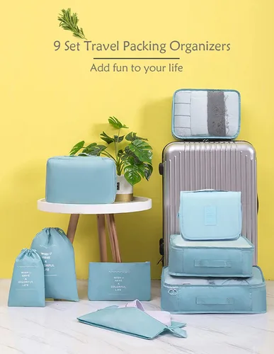 Vista 2 de GuaziV Juego de 9 cubos de embalaje bolsas de equipaje de viaje con bolsa de aseo colgante azul