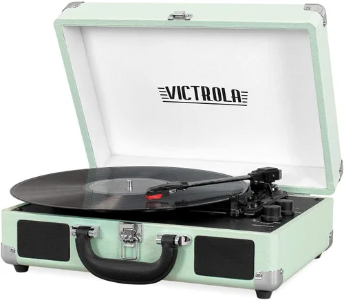 Vista 20 de VictrolaJugador de registro portátil de la maleta de Bluetooth de 3 velocidades de la vendimia con altavoces incorporados Built-in stereo
