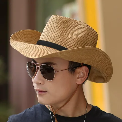 Vista 3 de Sombrero de paja plegable para hombre, gorra de playa, sombrero de sol, ala grande, correa ajustable para la barbilla