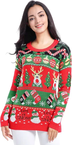 Vista 16 de v28 - Suéteres feos de Navidad variados, para mujer, suéter de punto con diseño de reno feliz