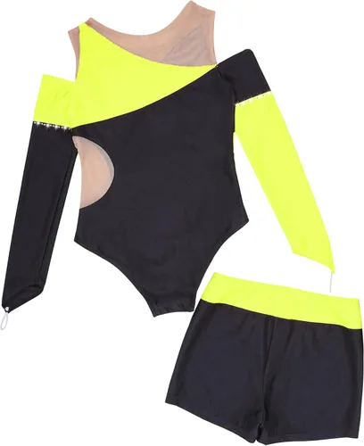 Vista 12 de JEATHA Conjunto de 2 piezas de leotardo de gimnasia de manga larga con hombros descubiertos y pantalones cortos atléticos para niñas