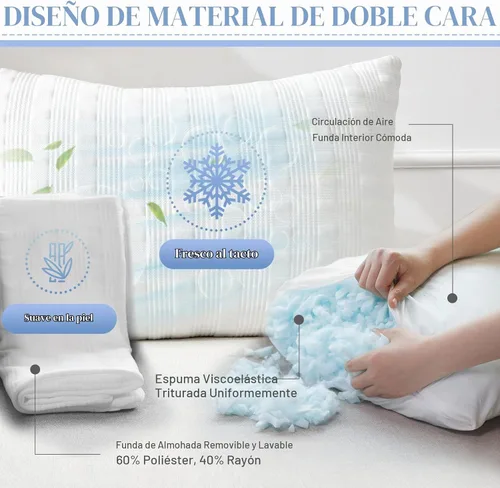Vista 2 de Meoflaw Juego de 2 almohadas refrescantes para dormir, tamaño estándar, almohada de espuma viscoelástica triturada, almohada estándar ajustable