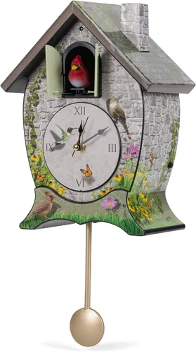 Vista 4 de Mark Feldstein Garden Cottage Singing Cardinal - Reloj de cuco con sonido de pared, 14 x 10