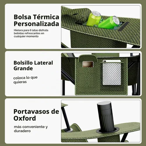 Vista 4 de Silla plegable resistente de capacidad de 500 libras, sillas de campamento de gran tamaño con soporte para tazas, bolsa enfriadora y bolsa de Verde