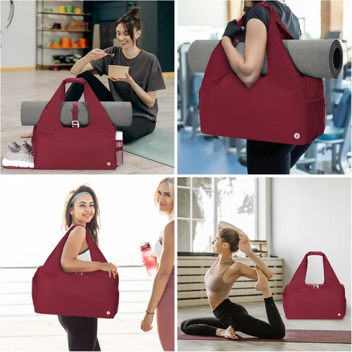 Vista 6 de Bolsa de gimnasio para mujer con compartimento para zapatos y bolsillo húmedo con soporte ajustable para esterilla de yoga