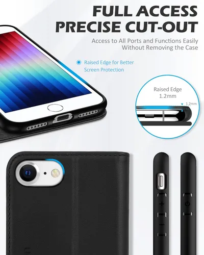 Vista 7 de SHIELDON - Funda tipo cartera de piel auténtica para iPhone SE 2022/SE 2020/8/7, color negro Magnetic Closure, RFID Blocking, Credit Card Holder