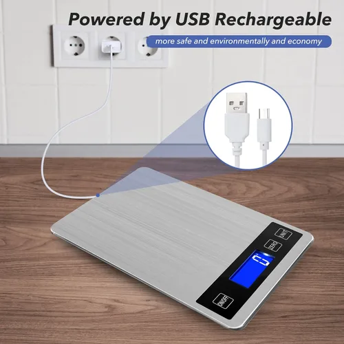 Vista 5 de Báscula digital de cocina de alimentos de 33 libras, graduación precisa de 1g/0.05 onzas, báscula de cocina con carga USB, acero inoxidable