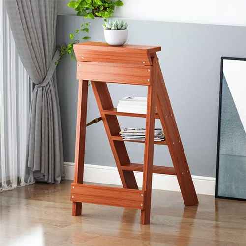 Vista 7 de Escalera de madera de 5 niveles, taburete plegable para el hogar, estante de almacenamiento multiusos para flores, escalera de escalera