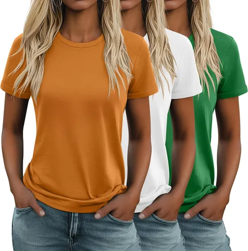 Vista 22 de Huukeay Paquete de 3 camisetas de algodón para mujer, estilo casual, de manga corta, cuello redondo, ajuste holgado, básica, lisa