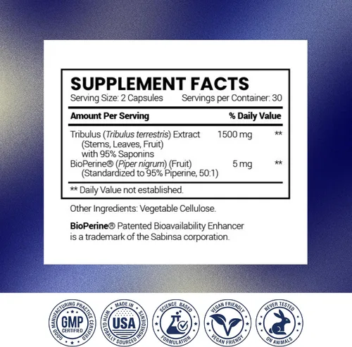 Vista 8 de Research Verified® Tribulus Terrestris - 1500mg- 95% Furostanol Saponinas, 5% Bioperine® - 60 Cápsulas - 1 Botella