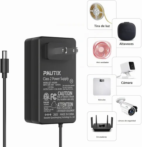 Vista 5 de PAUTIX - Adaptador de fuente de alimentación de 24V CC 24V 2A 48W Transformador de controlador LED de bajo voltaje con enchufe US de 5.5 x 2.1mm