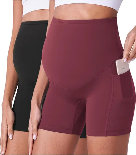Vista 15 de POSHDIVAH Pantalones cortos de maternidad para mujer de 5 pulgadas 2 piezas negro