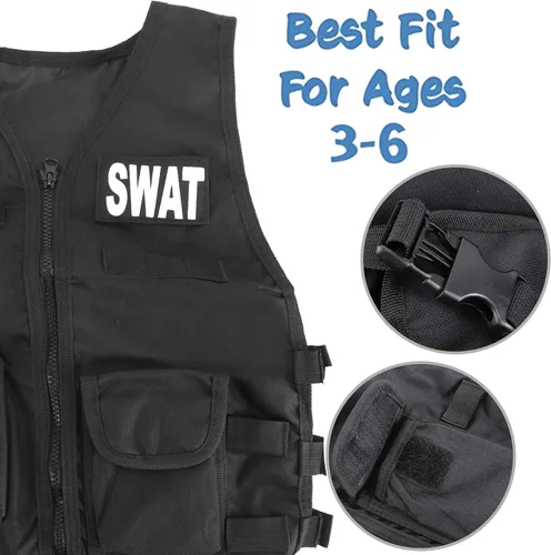 Vista 2 de Disfraz policial de SWAT de policía de lujo disfraz con casco monóculo de visión nocturna pistolas accesorios 12piezas negro