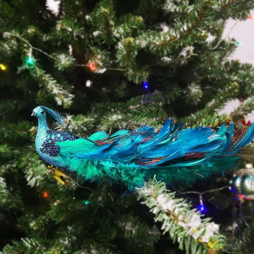 Vista 8 de Adornos de Navidad de pavo real de 12 pulgadas, elegante pájaro de pavo real azul verde azulado decorativo con cola de plumas en clip, adorno de 1