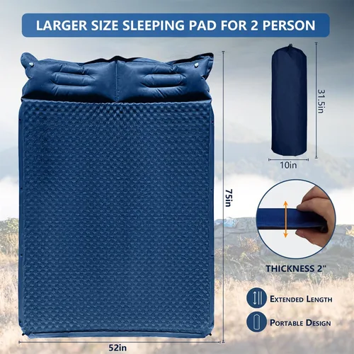 Vista 2 de WILD FUN Almohadilla de dormir doble, colchón de espuma viscoelástica de 2 pulgadas, colchón de campamento para 2 personas con almohada, almohadilla