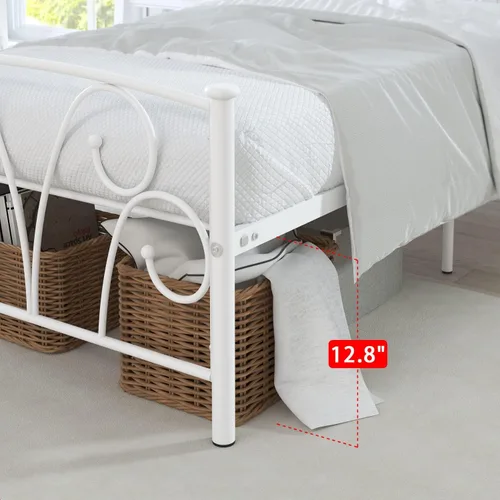 Vista 10 de Elephance - Base de cama individual con cabecera y estribo de metal, color blanco
